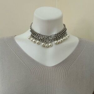PREMIER DESIGNS Signed Bib Statement Necklace Silver Tone Faux Pearl Rhinestones